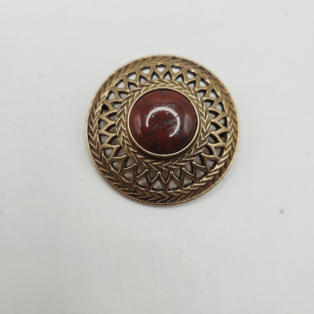 Vintage Kalevala Koru Finland Gold Tone Jasper Stone Brooch
